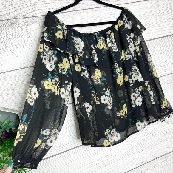 Sheer Black Floral Ruffled Off Shoulder Flowy Blouse Top Size 0X - Picture 2 of 8